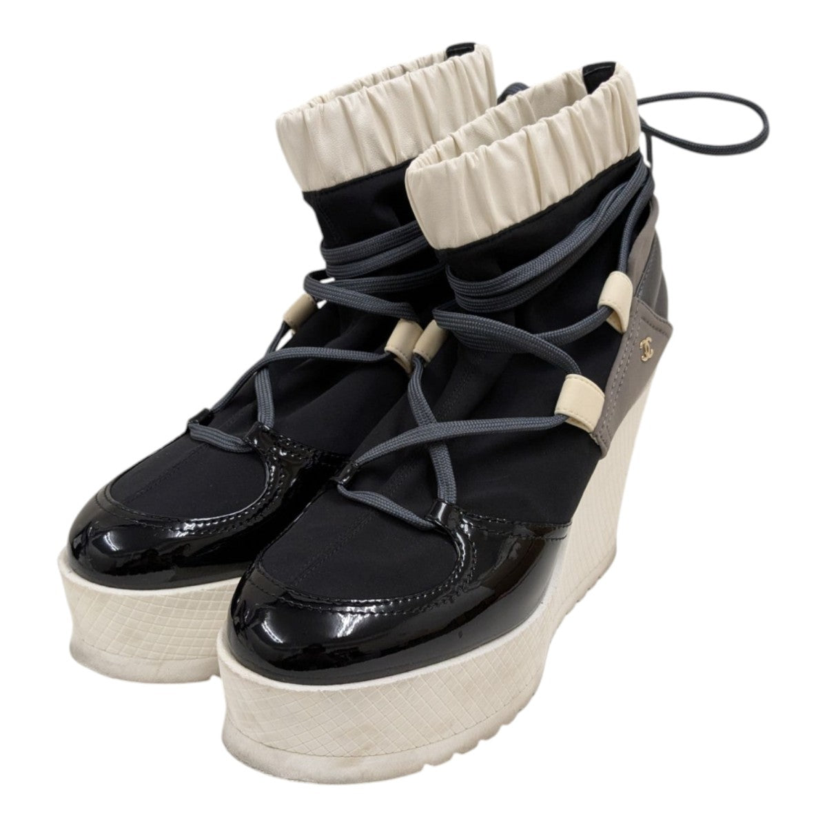CHANEL 靴 CHANEL(シャネル) ウェッジソールブーツ ブラック×ホワイト サイズ 37