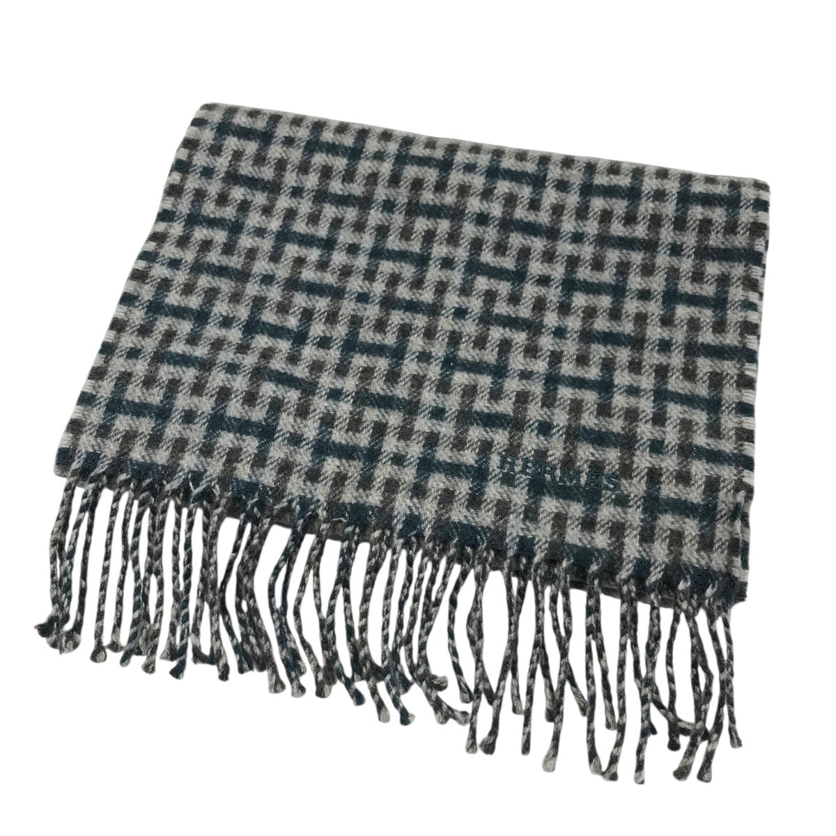 HERMES(エルメス) 「Hエコセ」カシミヤマフラー グレー×グリーン