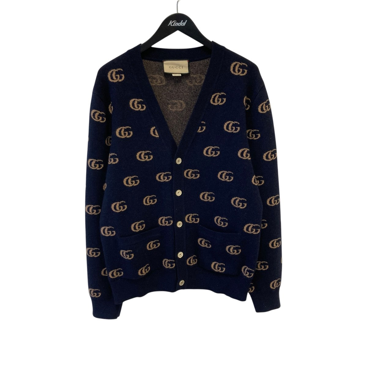 GUCCI ネイビー GGロゴ カーディガン Wool cardigan with GG intarsia in navy and blue ombré