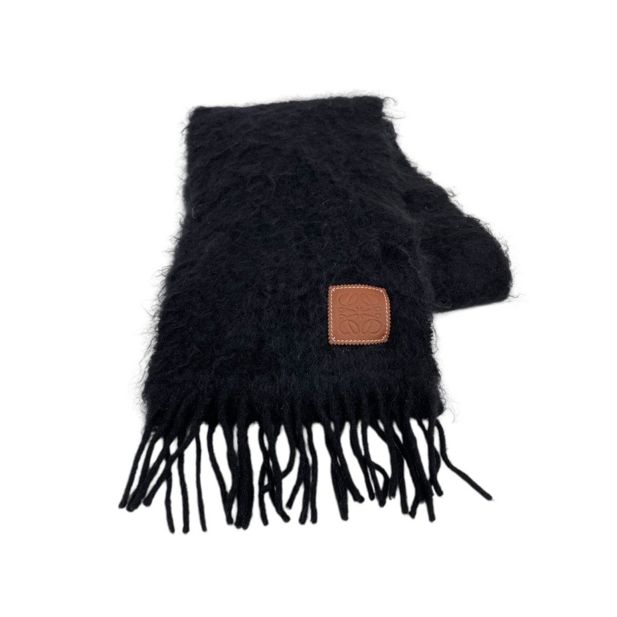 LOEWE ウール マフラー 黒&ノベルティブローチ LOEWE(ロエベ) ブローチ付き フリンジマフラー ブラック｜【公式