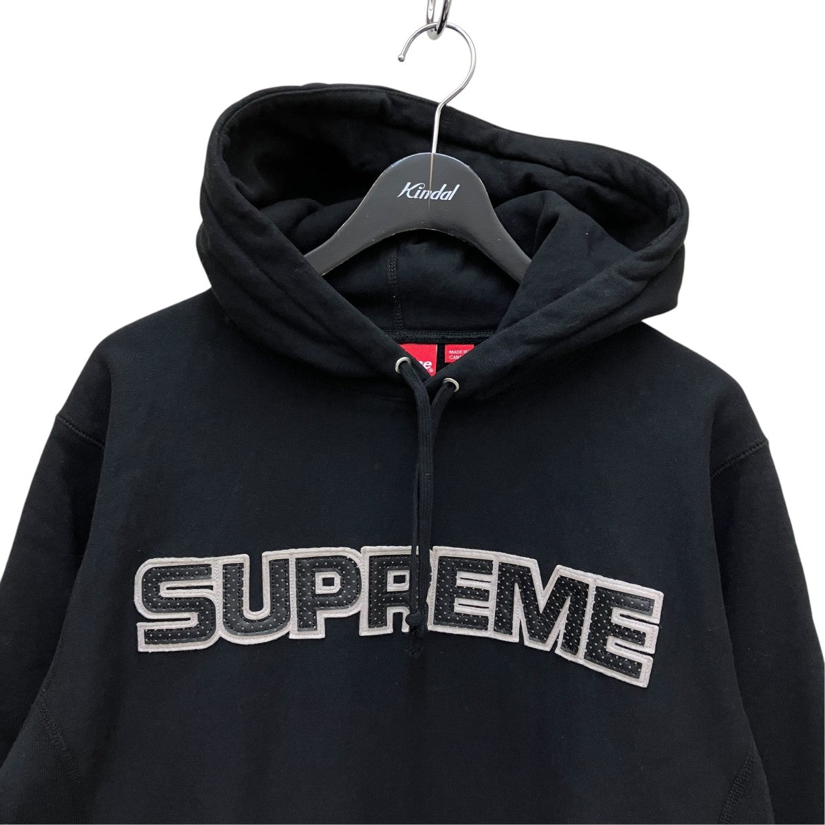 18FW Perforated Leather Hooded Sweatshirtフロントロゴプルオーバーパーカー