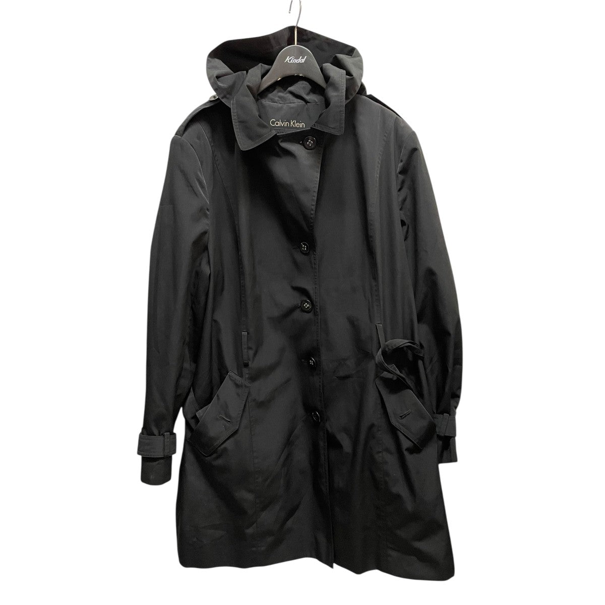 カシミヤ混カルバンクライン ステンカラーコート 比翼ボタン XL ブラック