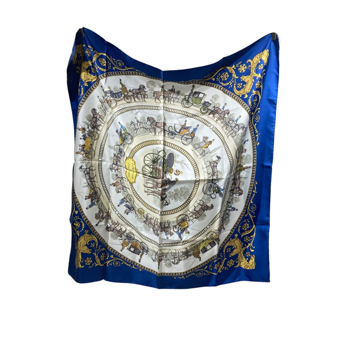 HERMES(エルメス) カレ90 ロンシャンへの散歩シルクスカーフ ブルー