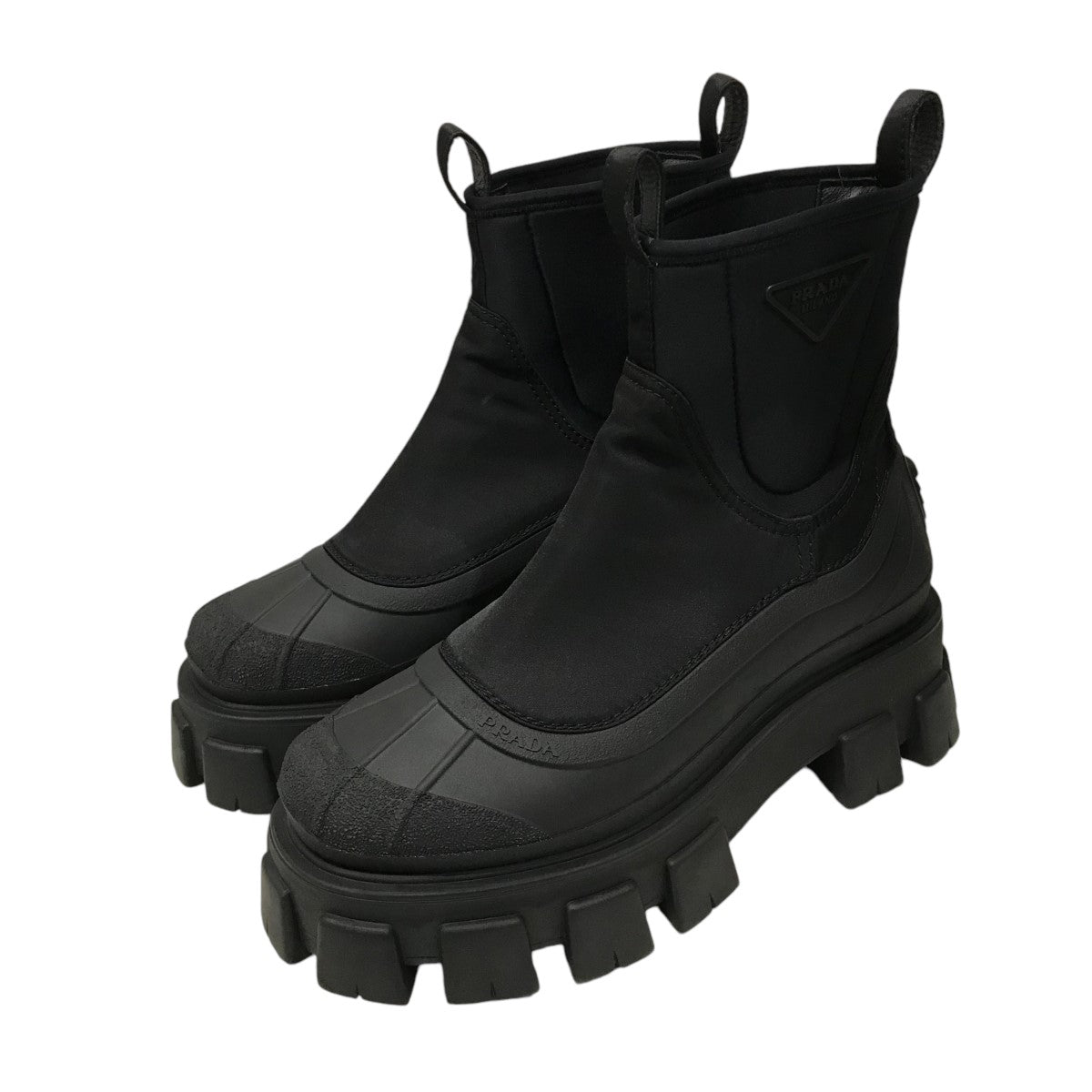プラダ PRADA Re-Nylon モノリス ブーツ シューズ 36 1/2 Black Monolith Leather And Re-nylon Boots With Pouch | PRADA