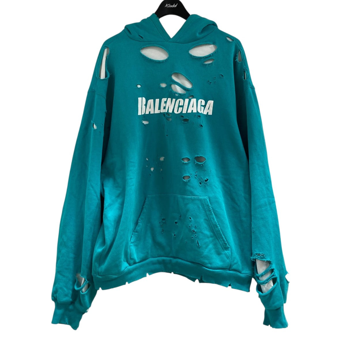 美品　BALENCIAGA ターコイズ 　スウェット　パーカー　ダメージ加工 BALENCIAGA(バレンシアガ) 21SS ダメージ加工パーカー 659403