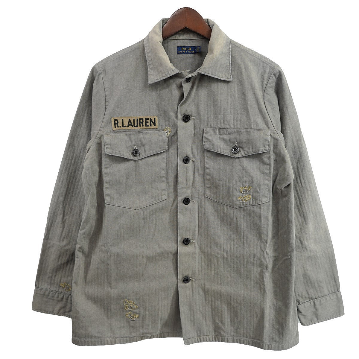 Herringbone canvas shirt jacketロゴ パッチ ダメージ加工 ミリタリー シャツ