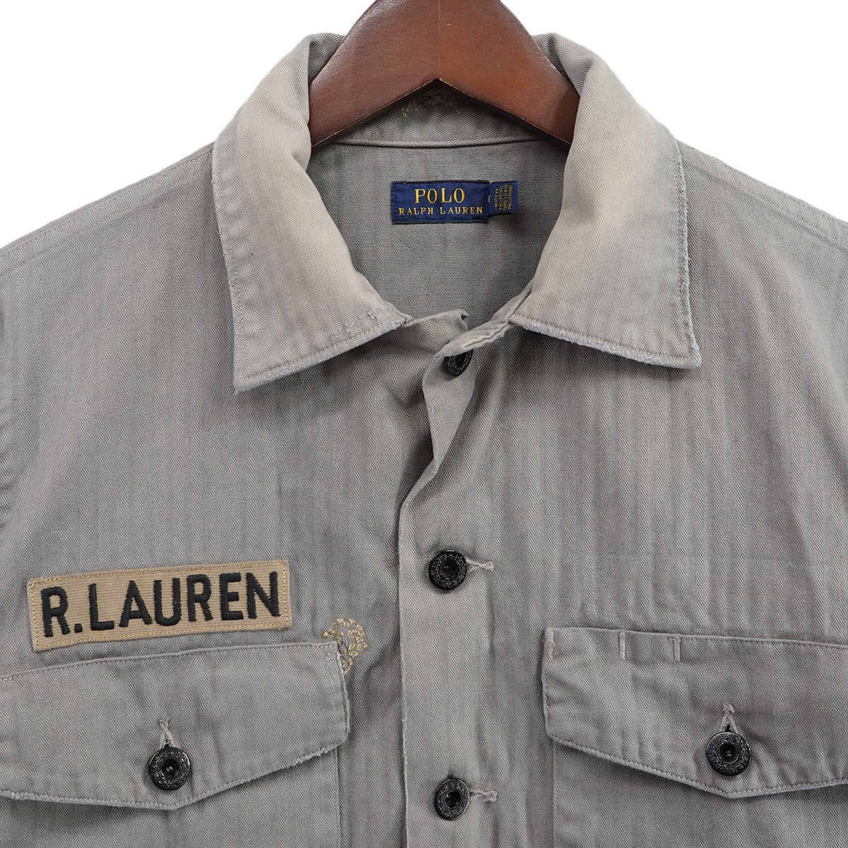 Herringbone canvas shirt jacketロゴ パッチ ダメージ加工 ミリタリー シャツ