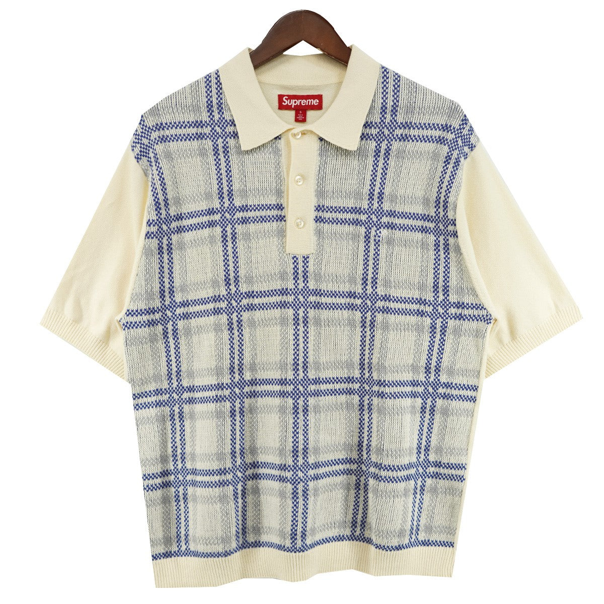 24SS Plaid Knit S/S Poloプレイド 格子模様 ブルーチェック スクリプト ロゴ 刺繍 ニット ポロシャツ