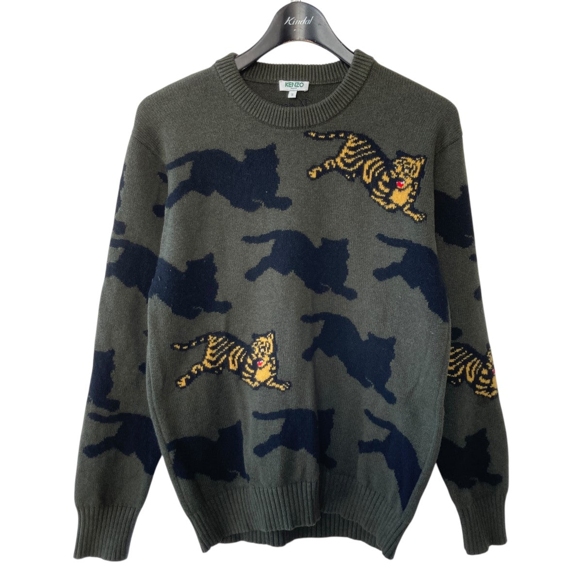 KENZO(ケンゾー) Allover Jumping Tiger Jumperクルーネック ニットセーターF965PU2113LA  F965PU2113LA グリーン、ブラック、イエロー サイズ S｜【公式】カインドオルオンライン ブランド古着・中古通販【kindal】