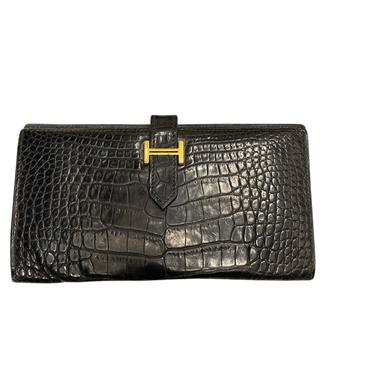 HERMES ベアンスフレ□C刻印 ゴールド金具アリゲーター長財布 