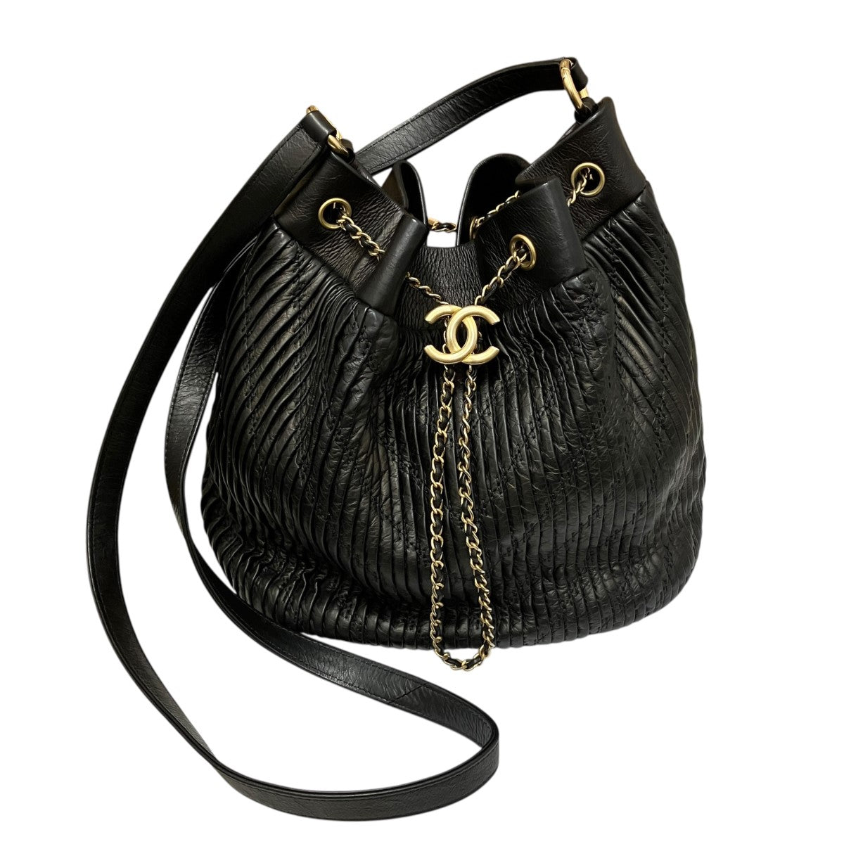 CHANEL ドローストリングバッグ 黒 CHANEL(シャネル) ココ プリーツ ドローストリング バケットバッグ巾着
