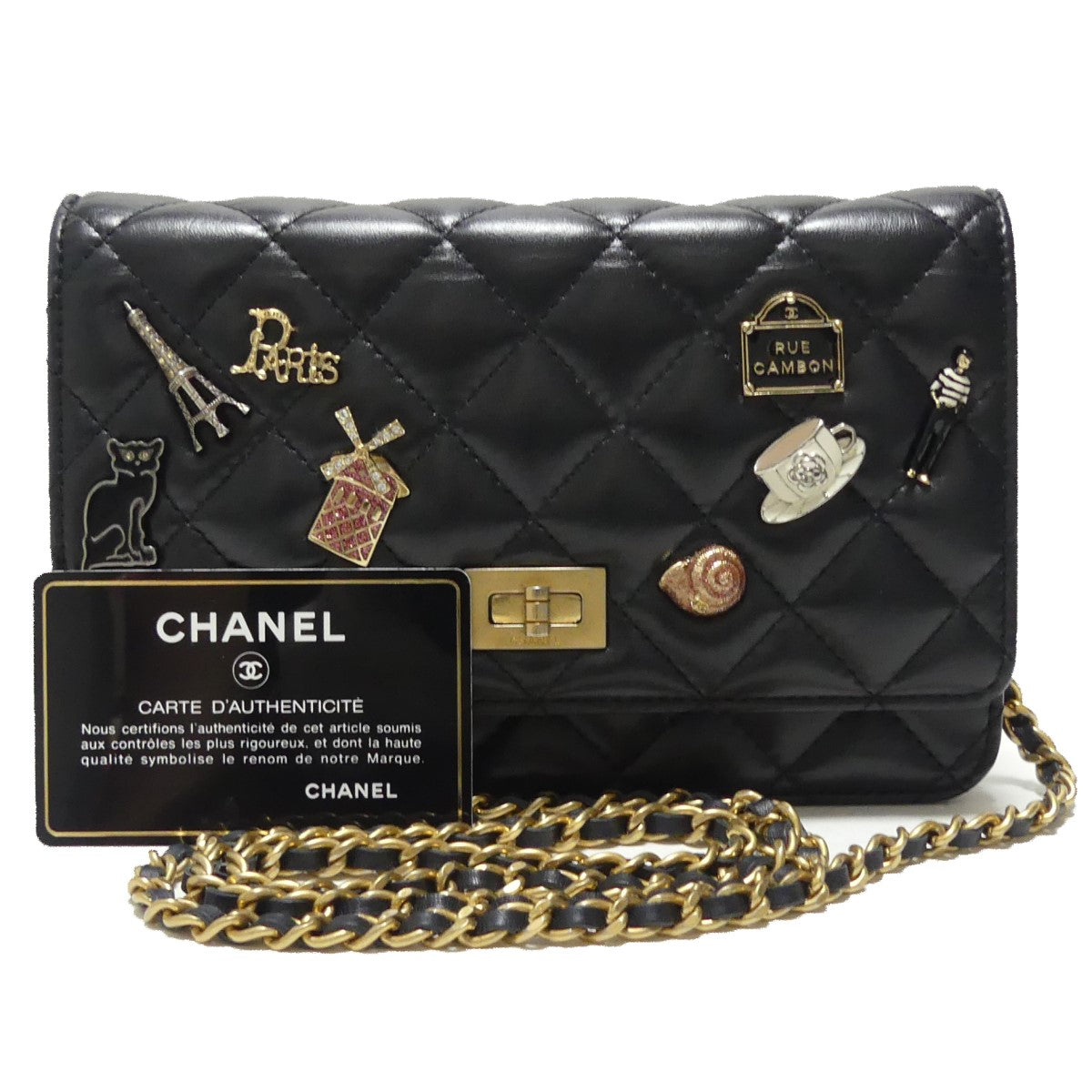 CHANEL(シャネル) 2．55アイコンチャーム カーフスキン チェーンウォレットショルダーバッグ 25番 - ブラック × ゴールド サイズ  18｜【公式】カインドオルオンライン ブランド古着・中古通販【kindal】