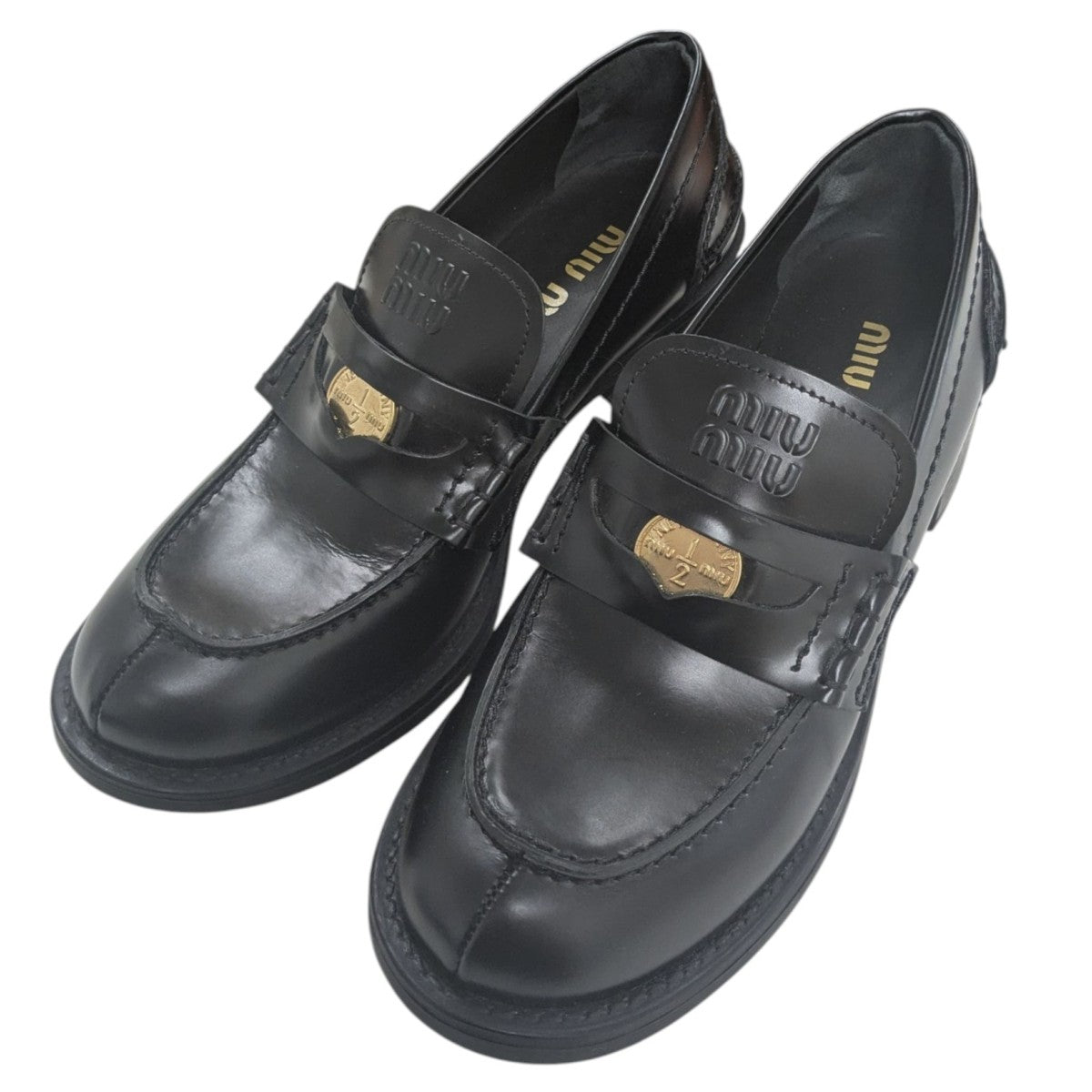 ミュウミュウ 黒ローファー MIU MIU(ミュウミュウ) ブラッシュドレザーペニーローファー