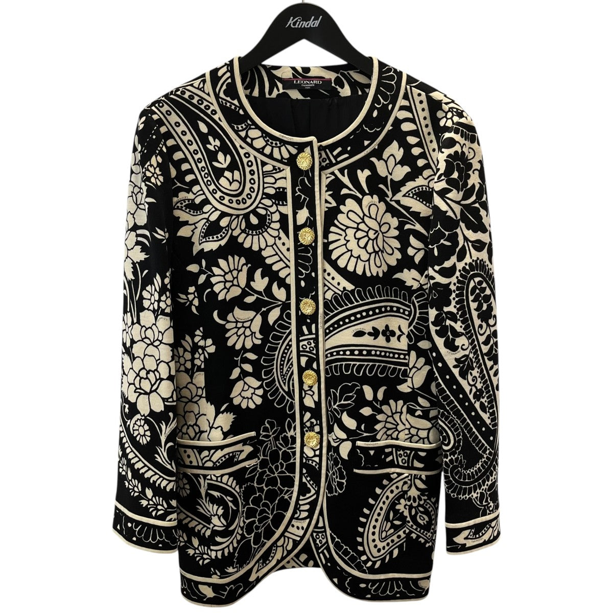 レオナール　花柄　フラワー柄　ノーカラージャケット　金ボタン　ブラック　M 9ed273c0125073a35a1d497dcbf1da