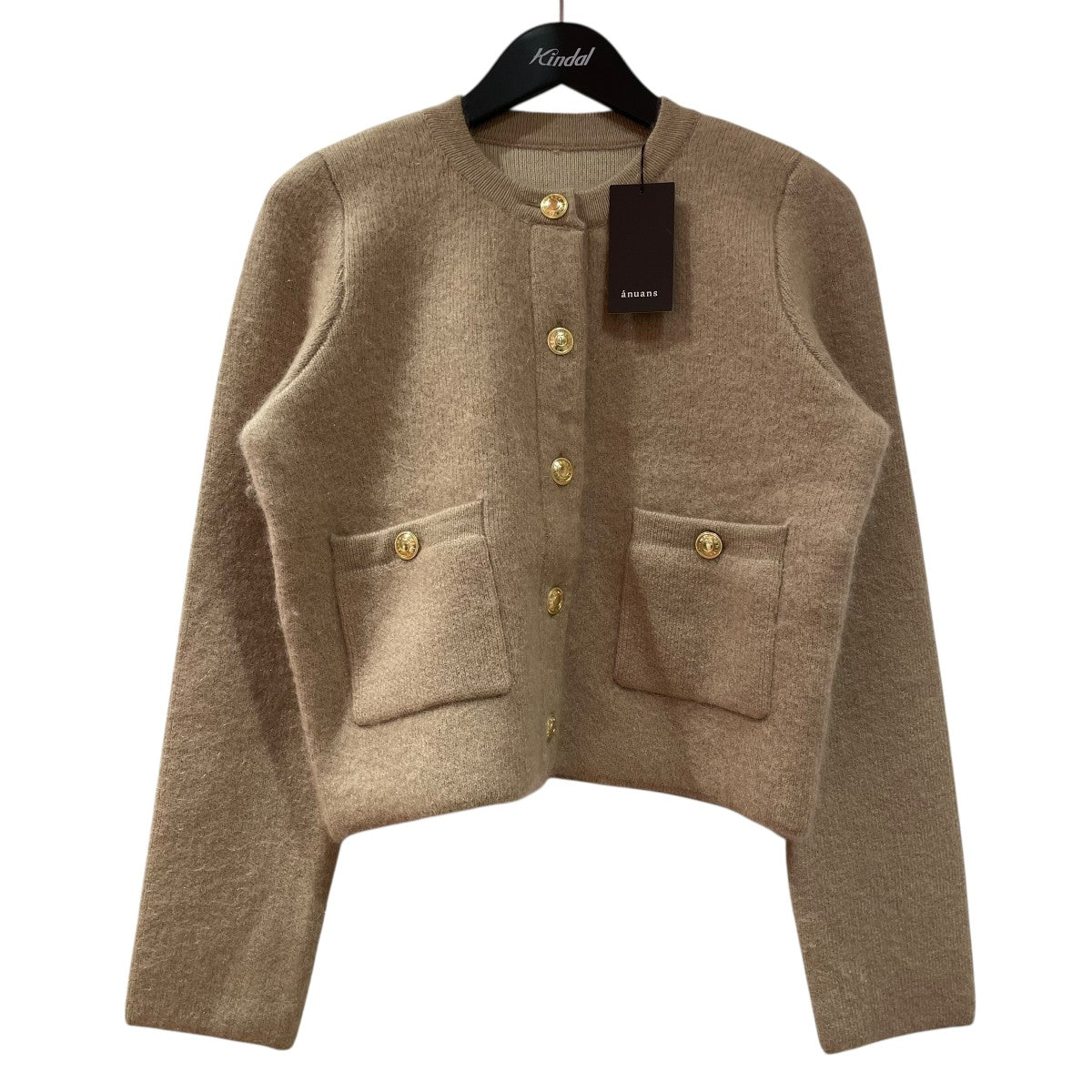 anuansベージュ カシミヤブレンドノーカラーニットジャケット アニュアンス anuans カシミヤブレンドノーカラーニットジャケット