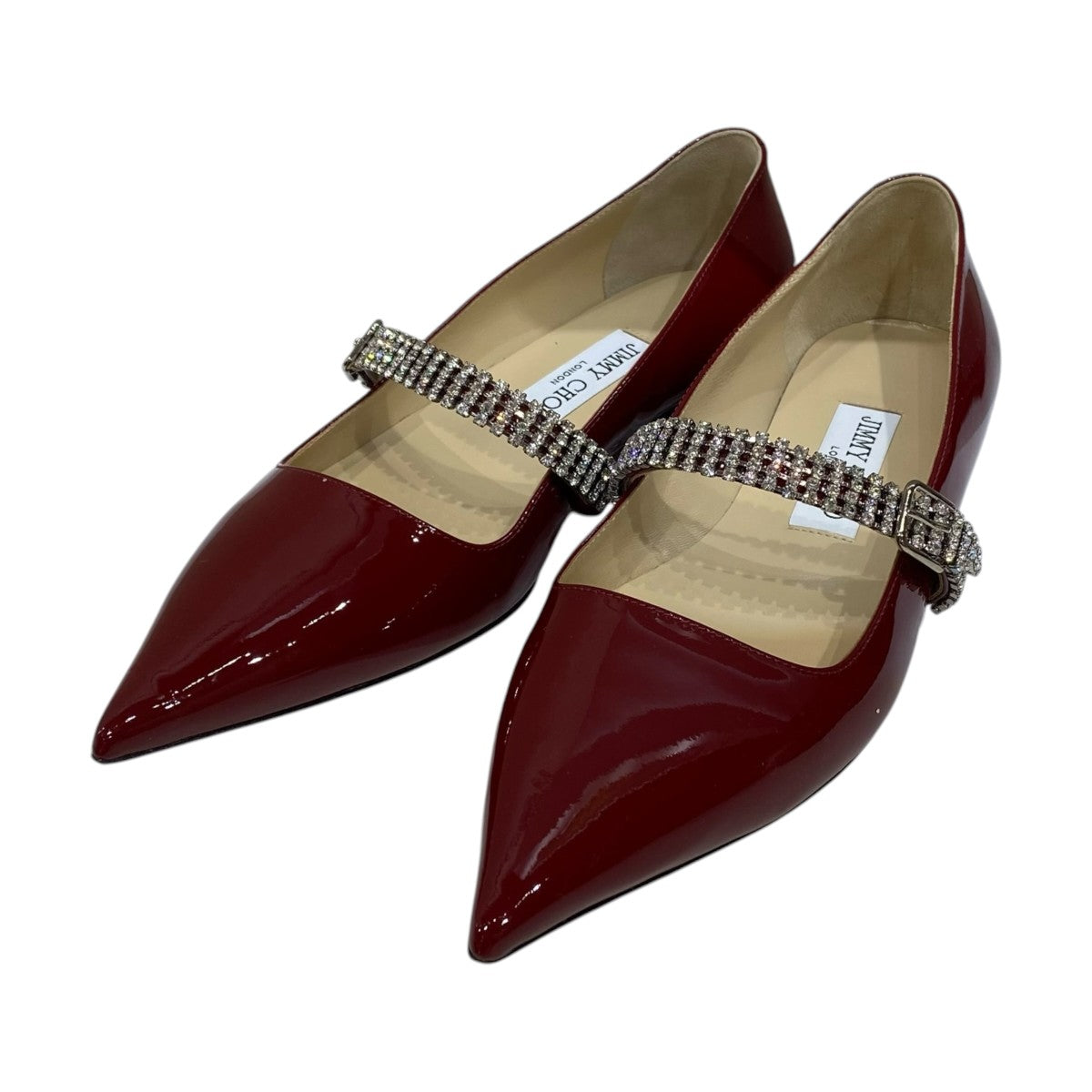 JIMMY CHOO(ジミーチュウ) パテントクリスタルフラットパンプス レッド