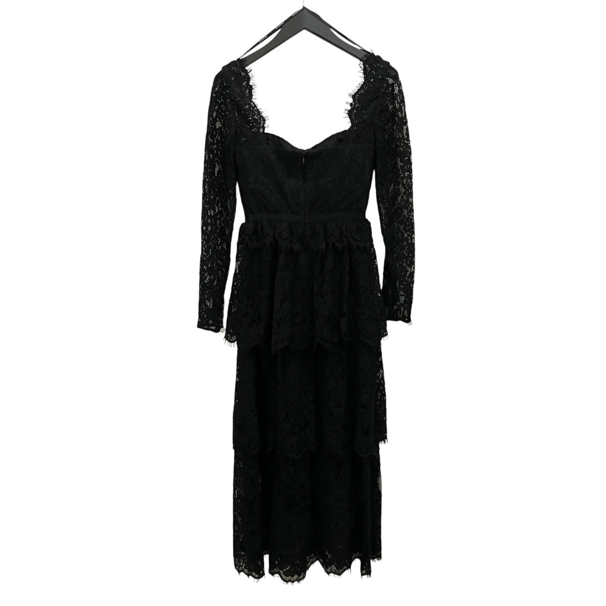 【BLACK FINE CORDED LACE TIERED MIDI DRESS】レースティアードワンピースAW20-111