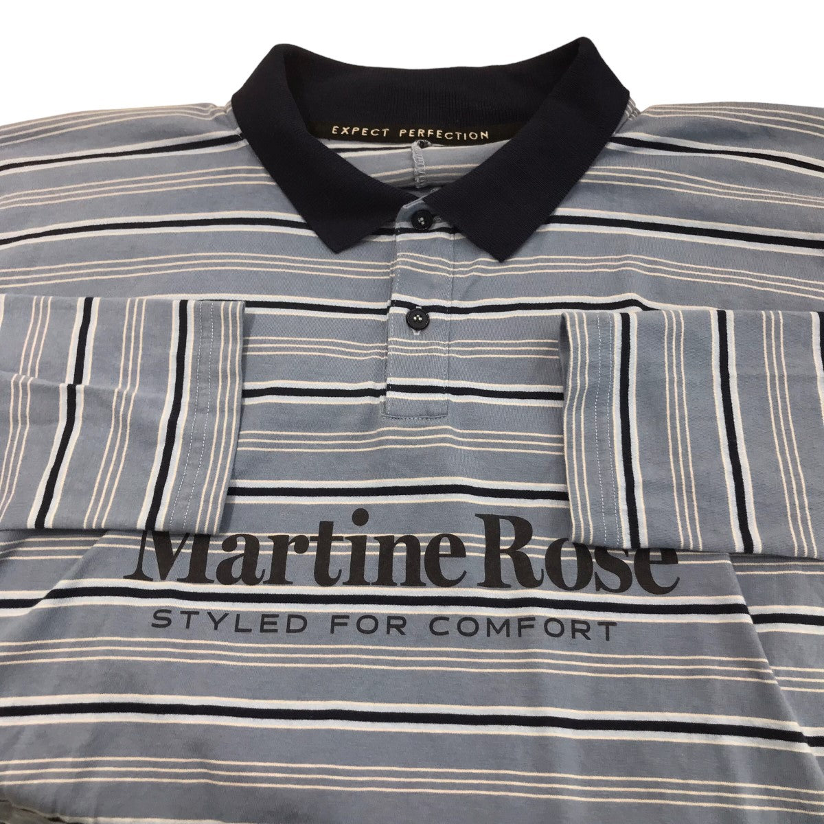 Martine rose(マーティンローズ) L S PULLED NECK POLO in BLUE STRIPEボーダーボーダーポロシャツ