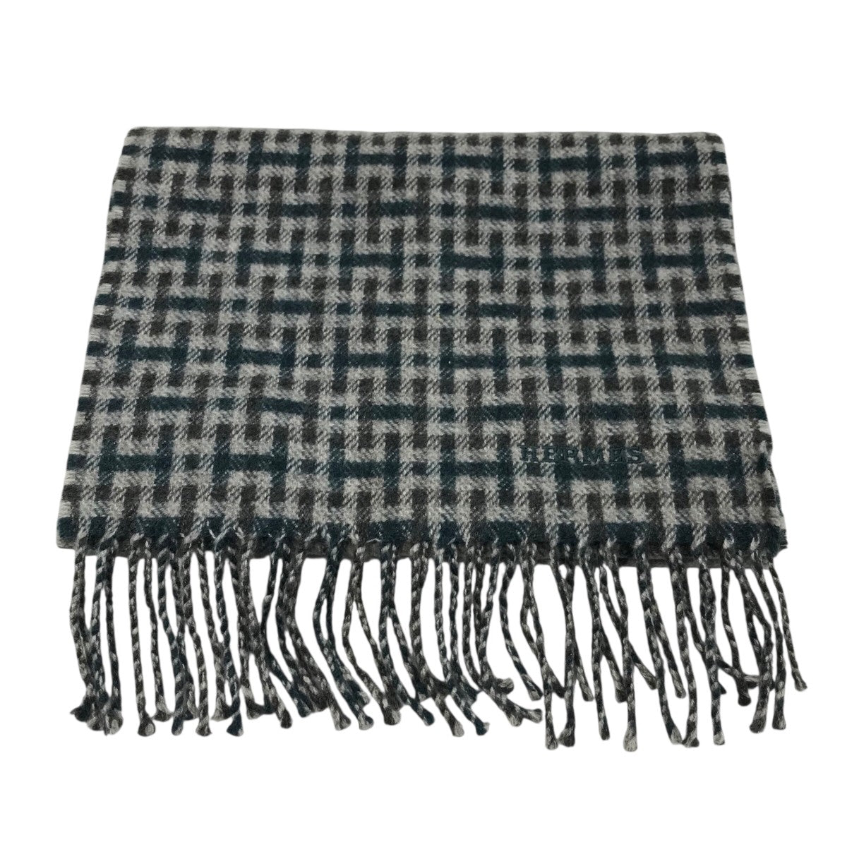 HERMES(エルメス) 「Hエコセ」カシミヤマフラー グレー×グリーン