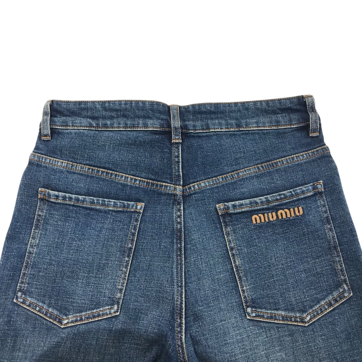 ★MiuMiu★バックポケット ロゴ ウォッシュド デニム パンツ MIUMIU 5 ポケット デニム ジーンズ ロゴ刺繍 パンツ メタル