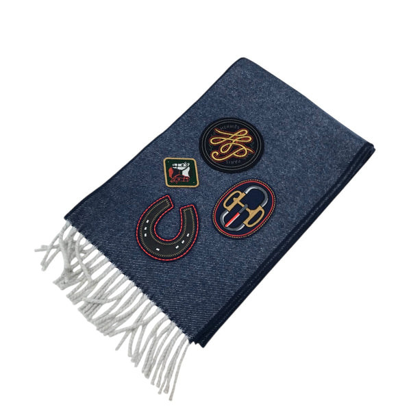 HERMES(エルメス) 「カレッジ」ワッペンカシミヤマフラー ネイビー