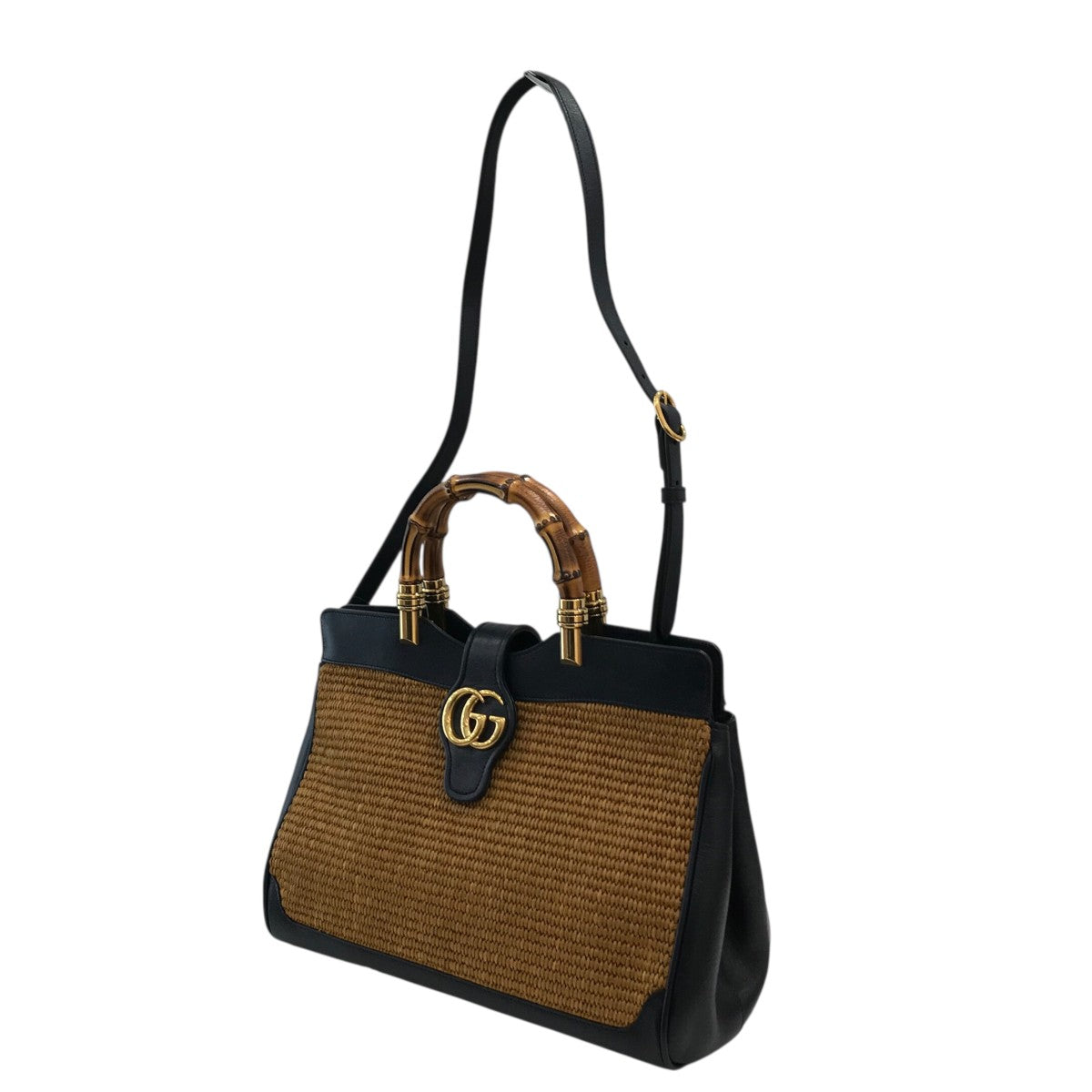 「日本限定  GGマーモント バンブー ストロー×レザー ハンドバッグ」ハンドバッグ655657