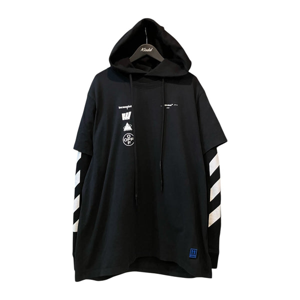 OFF-WHITE オフホワイト 19AW Diag Mariana Double Tee Hoodie マリアナ プリント Tシャツレイヤード プルオーバースウェットパーカー フーディー ブラックOMAB033E19185005 OFFWHITE(オフホワイト) 「Diag Mariana Double Tee Hoodie」ダイアグ