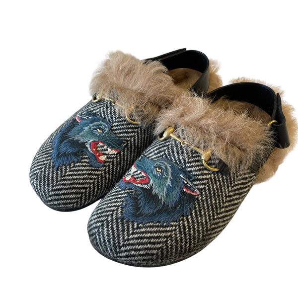 GUCCI(グッチ) ホースビット ウルフ ファーサンダル 497052 グレー