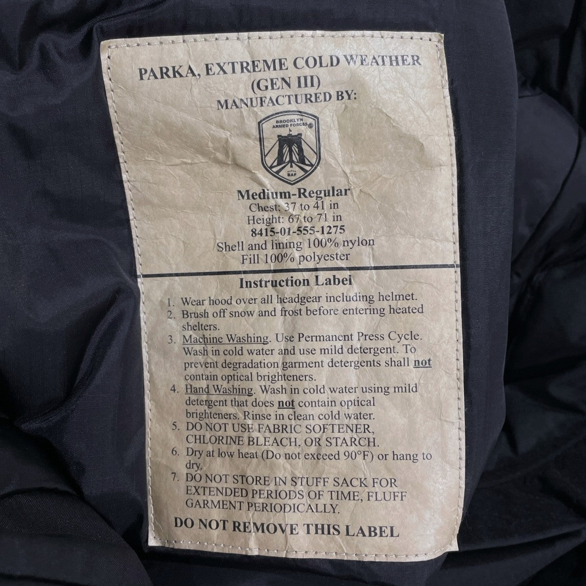 BROOKLYN ARMED FORCES(B．A．F 社) 中綿ジャケット GEN3 ECWCS LEVEL7 PARKA ジェネレーションスリー エクワックス レベルセブンパーカー 8415-01-555-1275 古着・中古-9枚目のアイテム画像