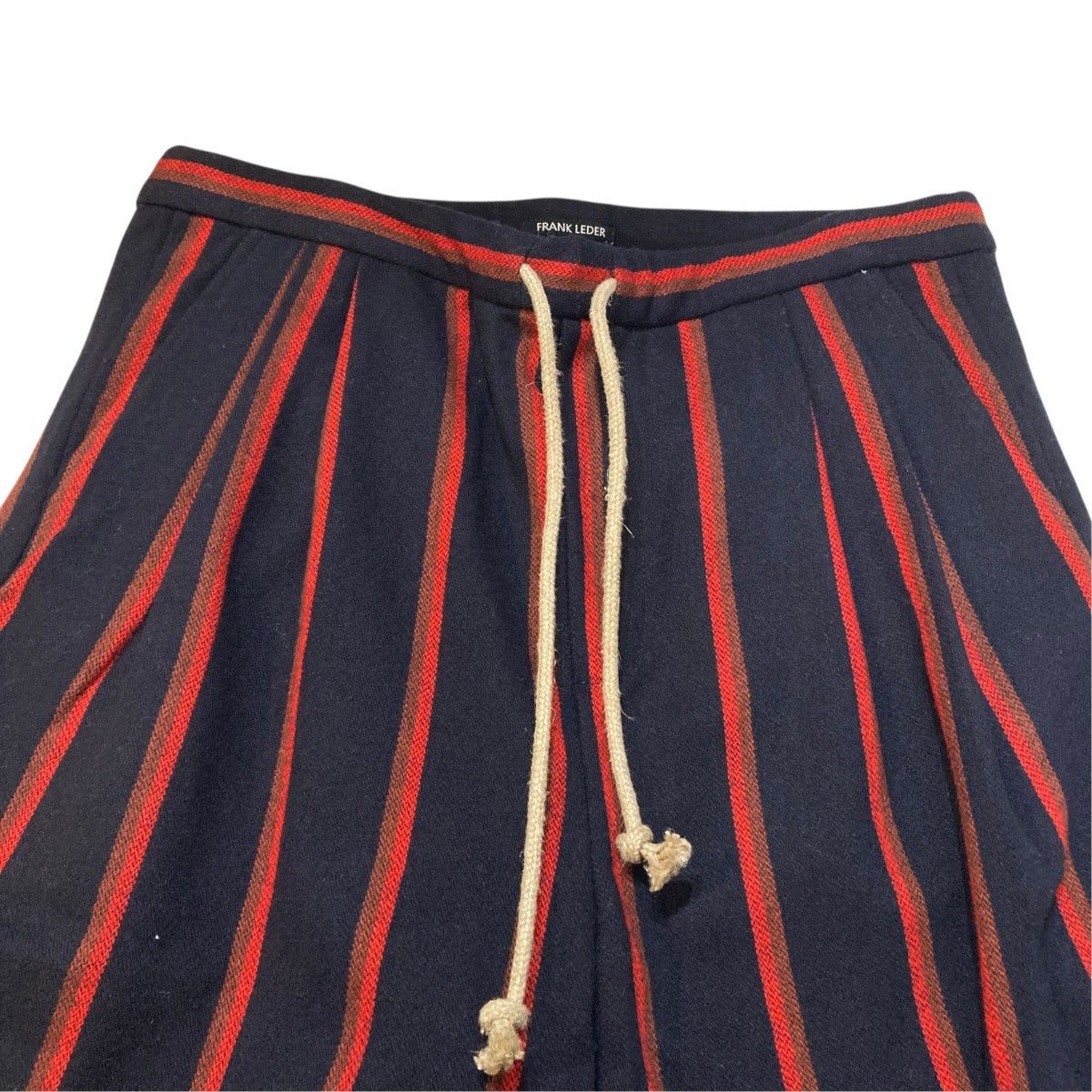 NAVY STRIPED WOOL 2TUCK DRAWSTRING TROUTHER + EDGE DETAILストライプストライプパンツ