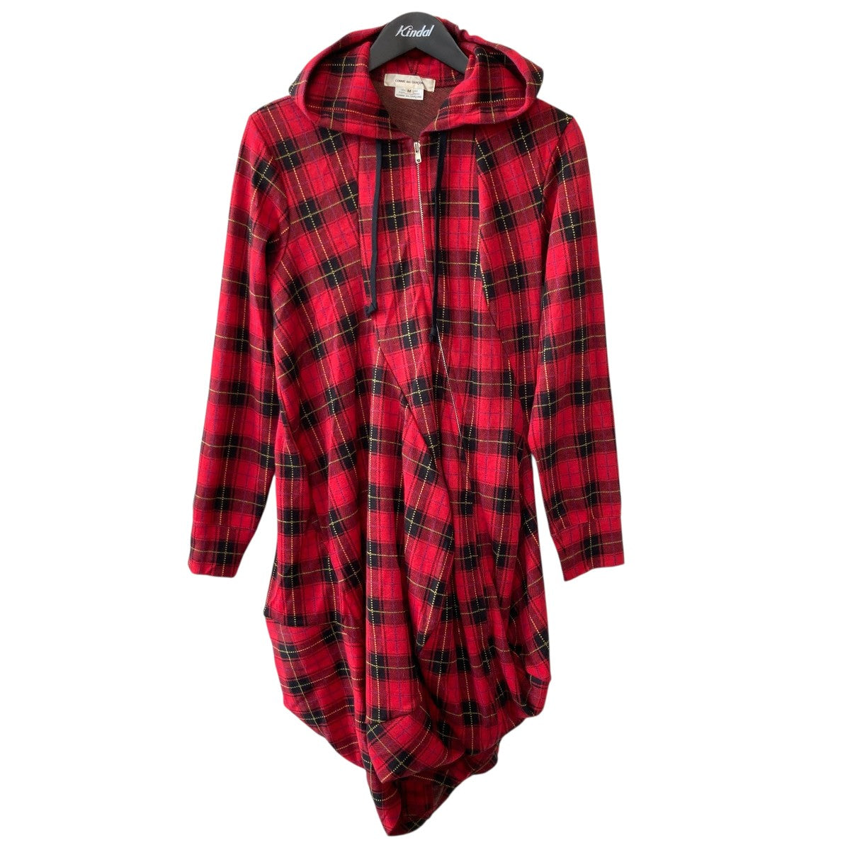 25AWRed Tartan Asymmetric Draped HoodieチェックフードシャツGP-T018