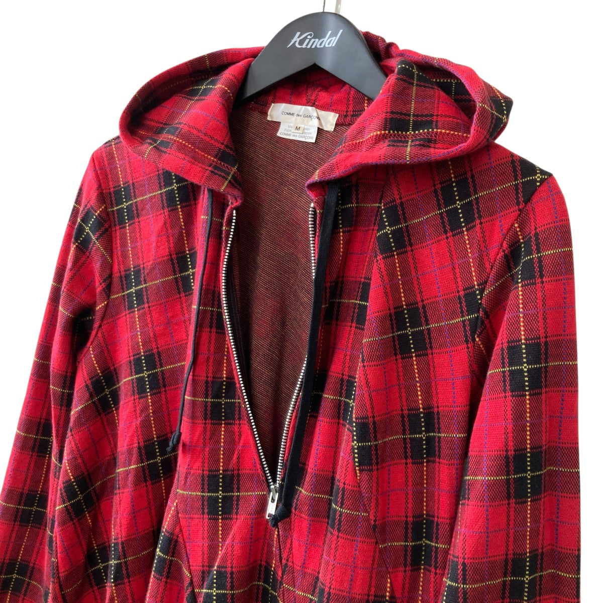 25AWRed Tartan Asymmetric Draped HoodieチェックフードシャツGP-T018