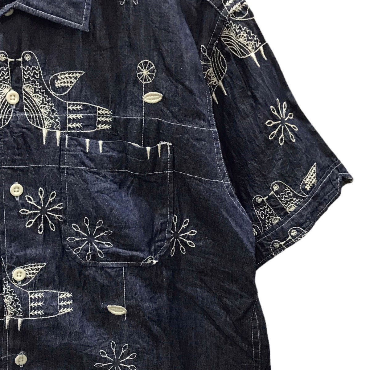 Engineered Garments(エンジニアードガーメンツ) 鳥刺繍半袖デニムシャツ Camp Shirt -Bird Embroidery  Denim キャンプシャツ バードエンブロイダリーデニム