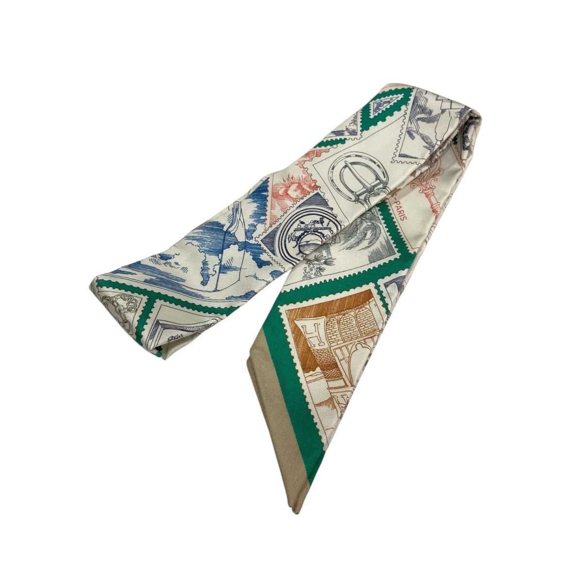 新品 エルメス ツイリー フォーブルの切手愛好家 2025aw 箱なし HERMES(エルメス) 2025AW Twilly 《フォーブルの切手愛好家》 グリーン