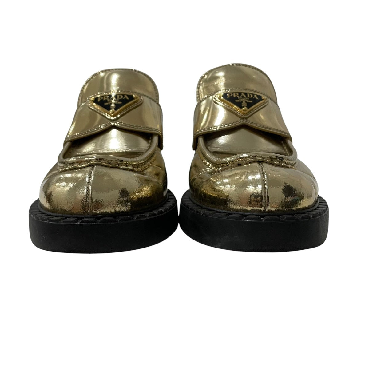 PRADA(プラダ) チョコレート ブラッシュッドレザーローファー ゴールド