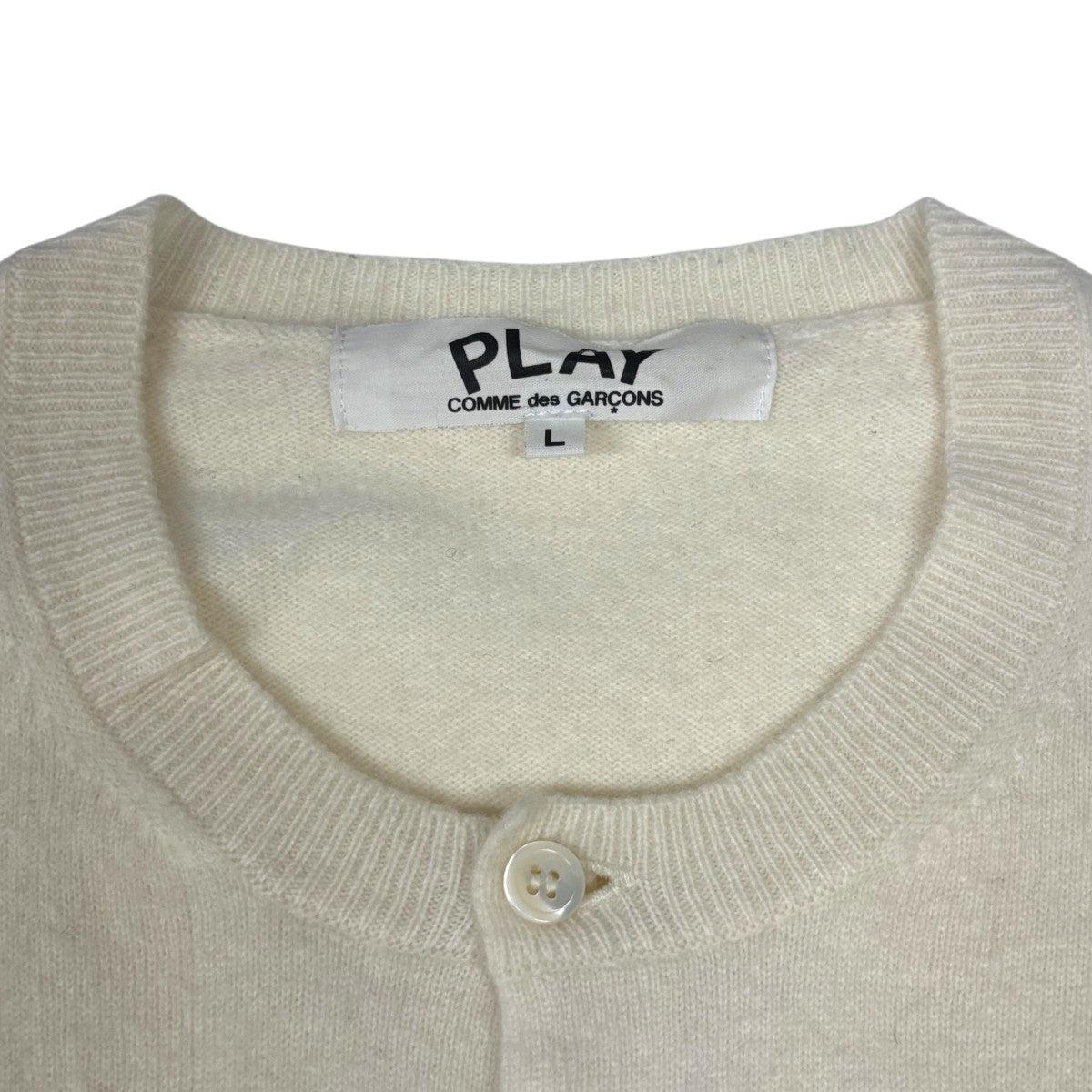 PLAY COMME des GARCONS◆クルーネックカーディガン/L/ウール/NVY/AZ-N007 プレイ コムデギャルソンクルーネックカーディガン ベージュ ハート Lサイズ