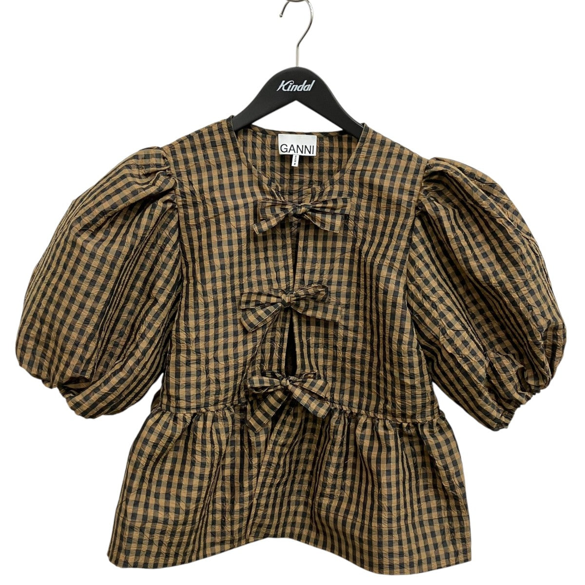 Crinkled Taffeta Check Peplum Blouseチェック半袖ブラウスA1040085