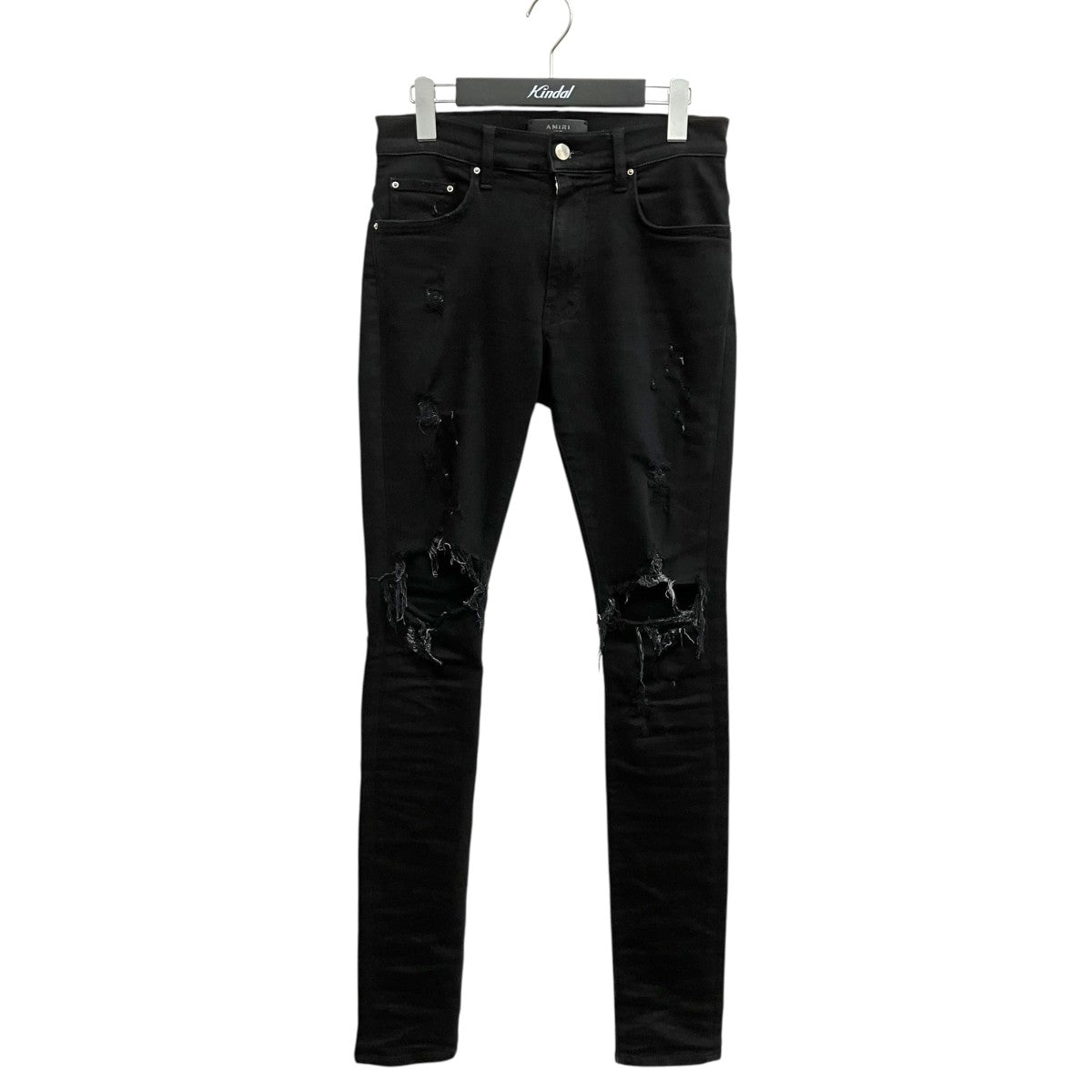 ロゴパッチ ダメージ加工 ストレッチスキニーデニムパンツ