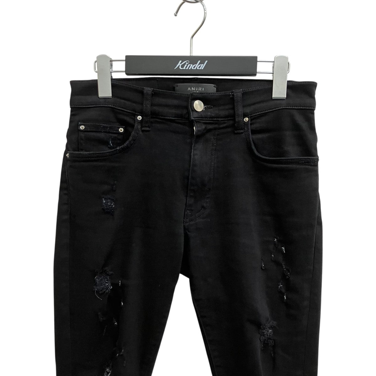 ロゴパッチ ダメージ加工 ストレッチスキニーデニムパンツ