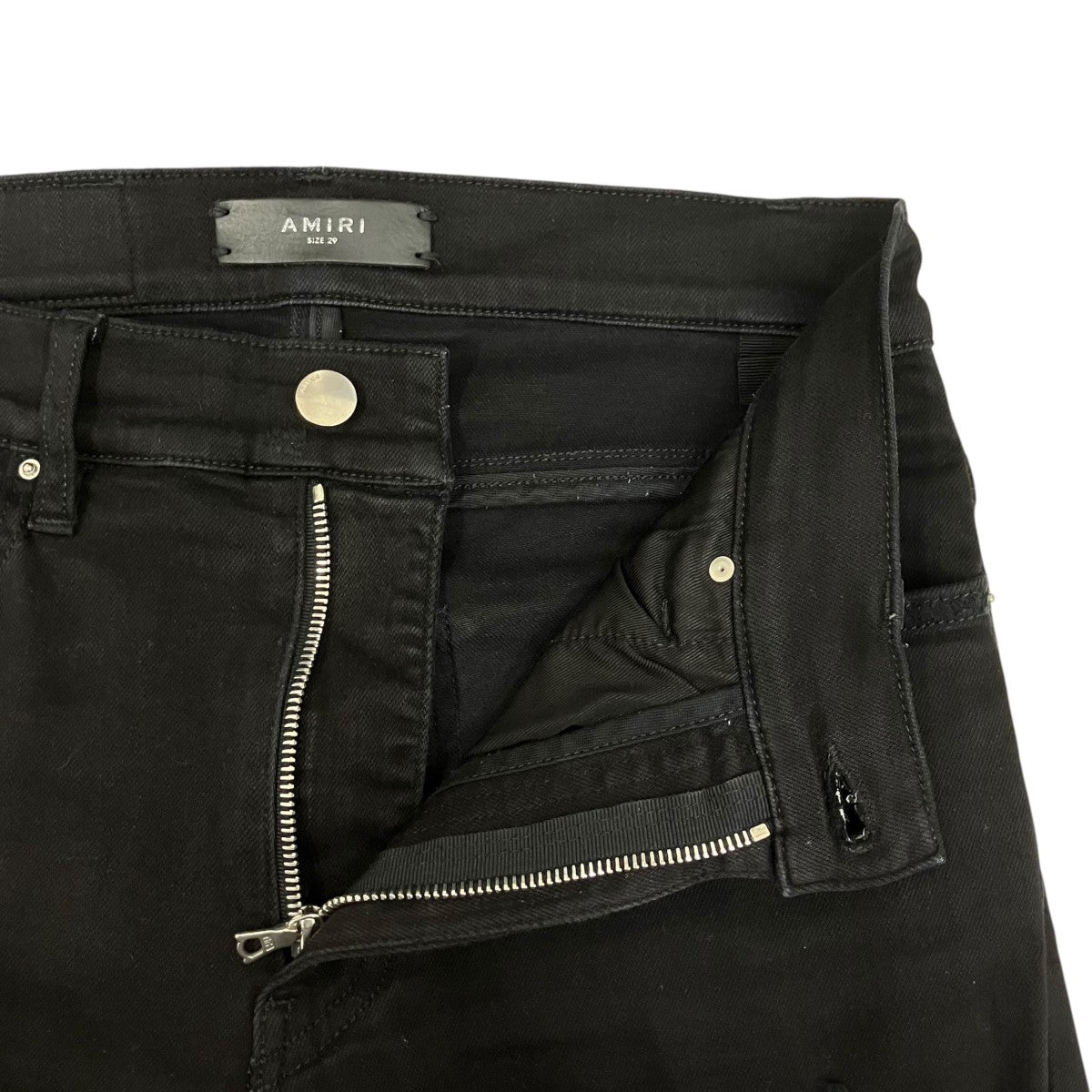 ロゴパッチ ダメージ加工 ストレッチスキニーデニムパンツ