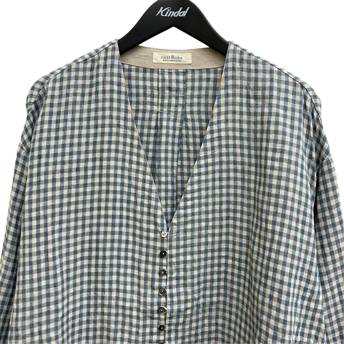 25SS リネンギンガムノーカラーブラウス 01251-1042