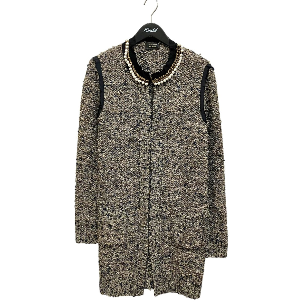 LANVIN Les 10ans ツイード 首元チェーン×パール装飾ニットコート 古着・中古-1枚目のアイテム画像