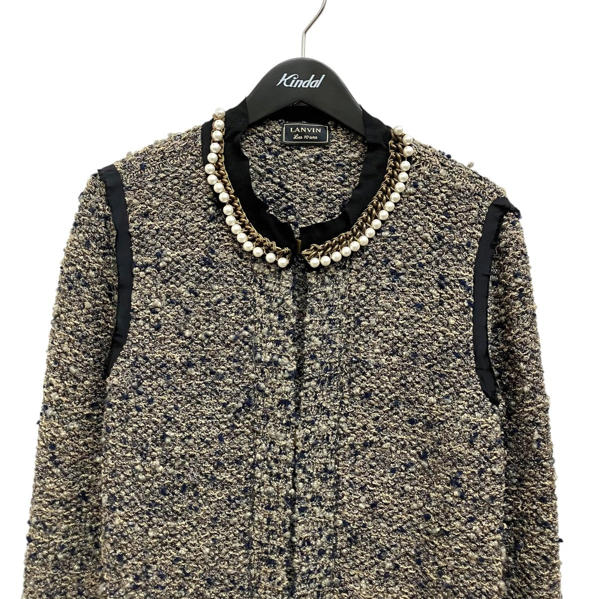 LANVIN Les 10ans ツイード 首元チェーン×パール装飾ニットコート 古着・中古-3枚目のアイテム画像