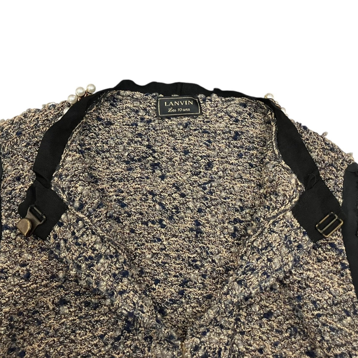 LANVIN Les 10ans ツイード 首元チェーン×パール装飾ニットコート 古着・中古-5枚目のアイテム画像