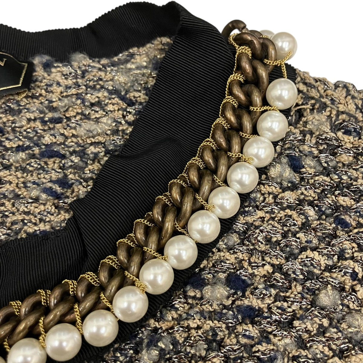 LANVIN Les 10ans ツイード 首元チェーン×パール装飾ニットコート 古着・中古-7枚目のアイテム画像