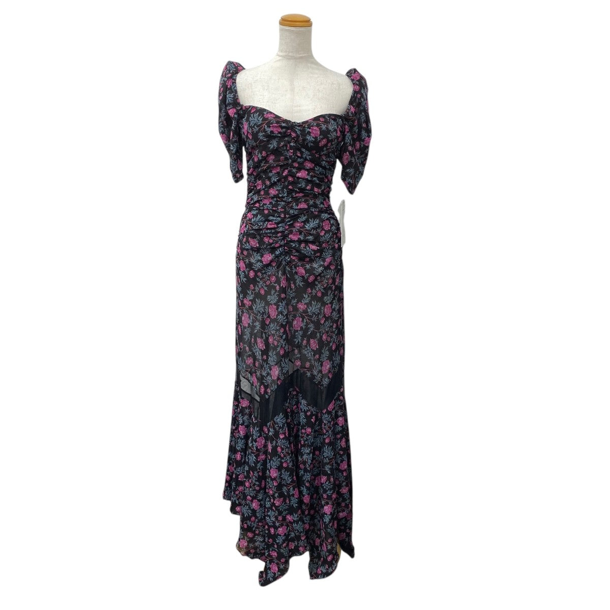 FLORAL PRINT RUFFLED-HEM VELOUR DRESS｜FETICO