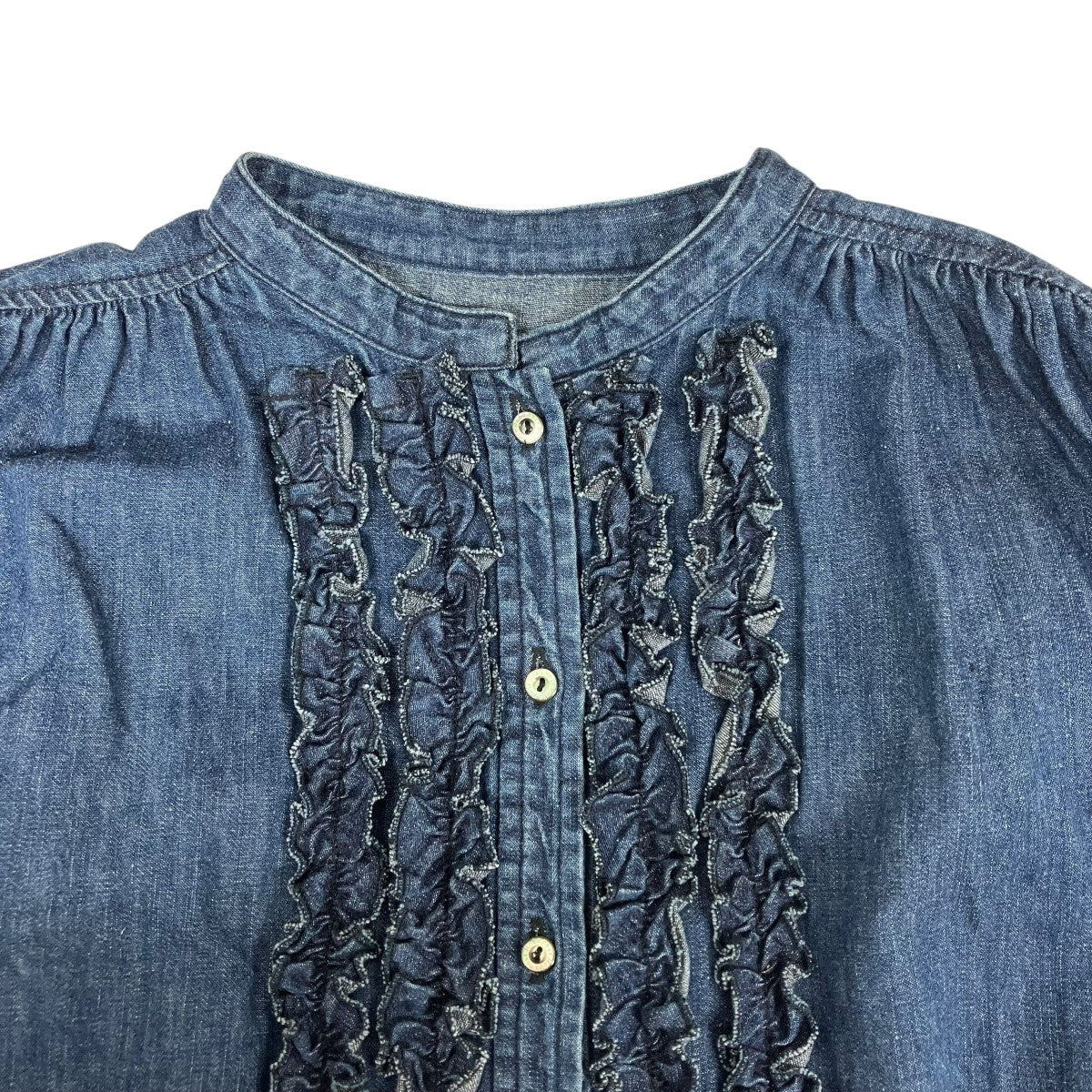 nest robe ネストローブ インディゴ フリル襟 ブラウス シャツ コットンリネンダンガリーフリルシャツ｜nest Robe / CONFECT
