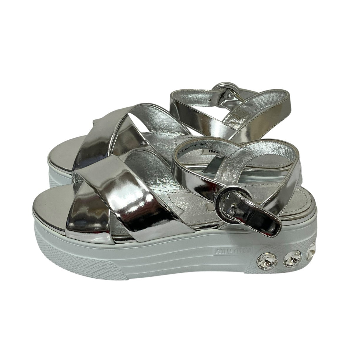 MIU MIU White Patent Leather Ankle Strap Crystals Platform Sandalsサンダル5X996C 古着・中古-2枚目のアイテム画像