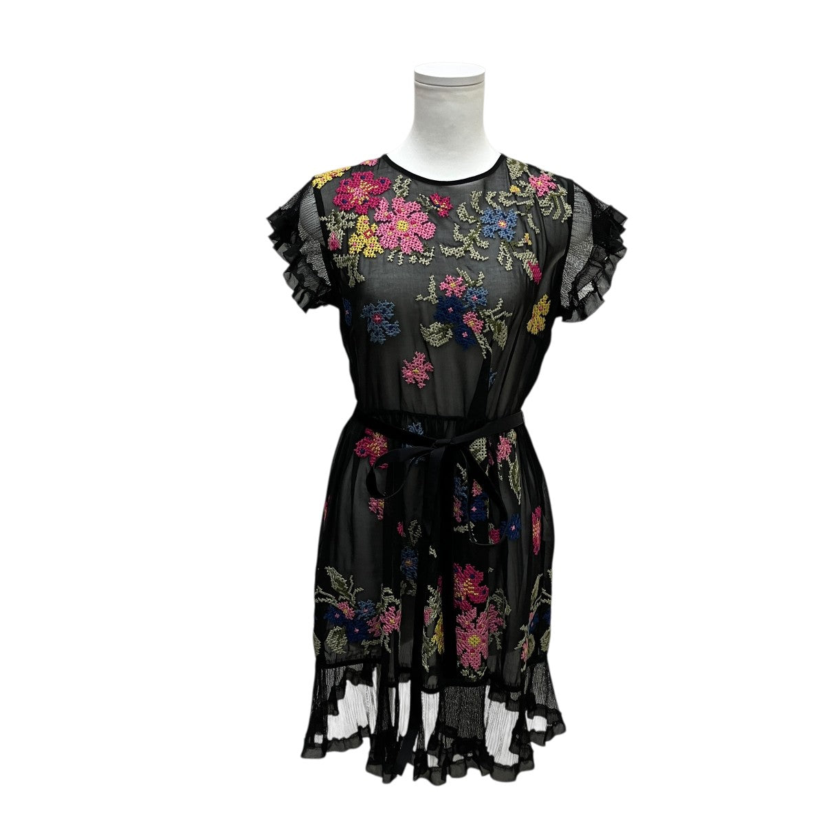 RED VALENTINO 花柄刺繍ベルト付半袖ワンピース 古着・中古-1枚目のアイテム画像