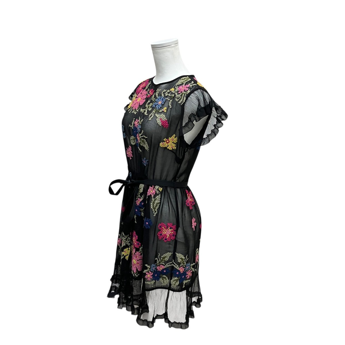 RED VALENTINO 花柄刺繍ベルト付半袖ワンピース 古着・中古-3枚目のアイテム画像